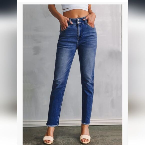 Amazon Straight Jeans, High Waist, Zip & Double Button, Dark Wash, Rough Hem, 8 - Picture 7 of 12